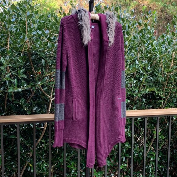 Fox Head Faux Fur Lined Hooded Cardigan Sz S - Picture 10 of 15